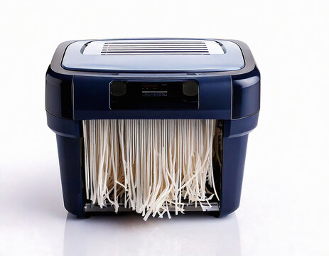 This sleek blue paper shredder symbolizes data security and privacy. Shredded strips of white paper represent information protection, making it perfect for office and financial concepts.