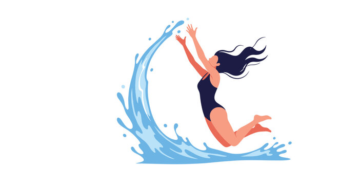 Dynamic illustration of a woman in a swimsuit diving gracefully into the water with a large stylized blue splash effect.