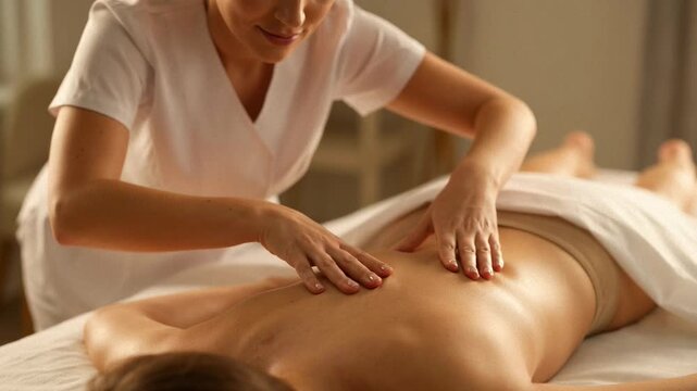 Massage Therapist using Professional Therapeutic Massage Technique for Female Patient Upper Back and Shoulder Blade Muscle Relaxation, Wellness Treatment