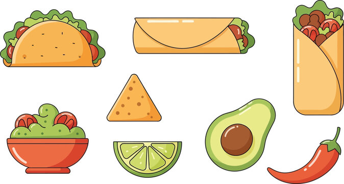 A delicious assortment of colorful mexican food items including a taco burrito burrito wrap nachos bowl of guacamole sliced lime avocado and spicy pepper