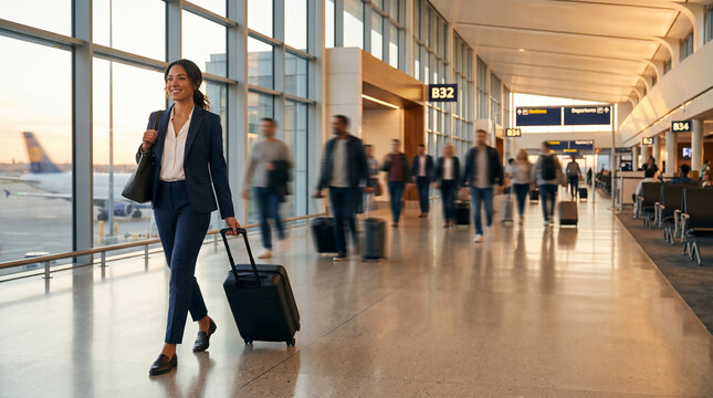 Businesswoman with rolling suitcase walking through airport terminal, passengers with luggage in background, modern architecture with natural light from large windows