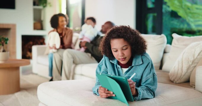 Family, writing or girl with tablet in lounge, elearning or homework project for knowledge development. Home, people or happy child with tech for assignment research, education app or study notes