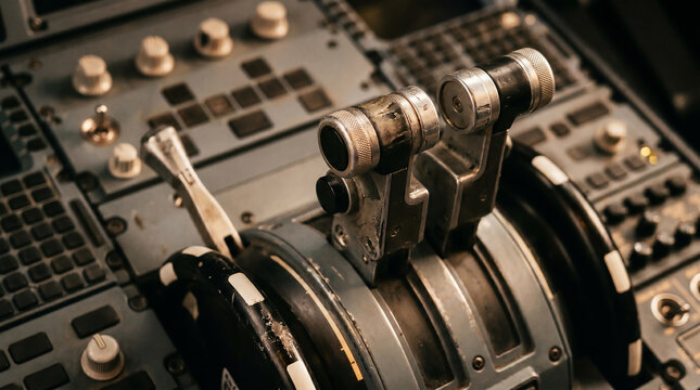 Close-up view of the throttle levers and controls in the cockpit of an aircraft, showcasing the intricate technology and precision engineering involved in flight operations and aviation