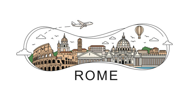 Stylized vector illustration of Rome city landmarks including the Colosseum and Saint Peter Basilica with a passing airplane and balloon.