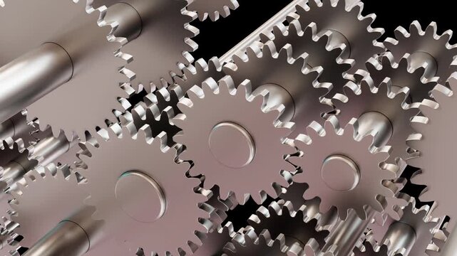 3D Metallic Gears and Shafts Meshing in Motion, loops.
A clean, photorealistic 3D animation featuring a complex system of interlocking silver metallic gears and rotating shafts. 