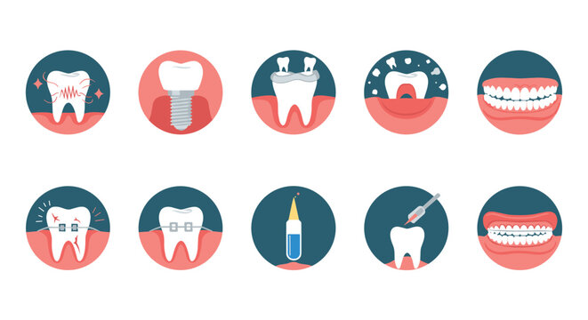 Set of ten informative dental health icons illustrating common tooth problems like cavities and professional treatments such as implants.