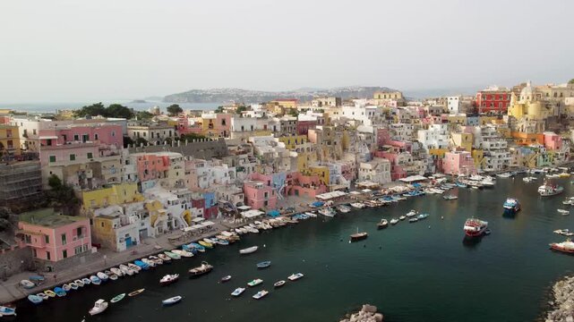 Spectacular aerial view of Procida old town and