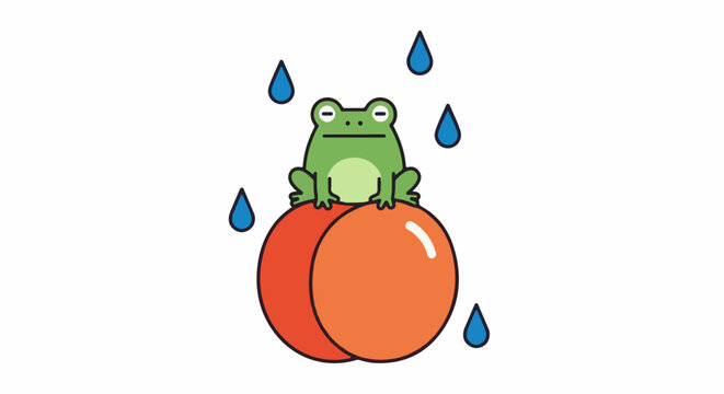 Cartoon frog sits on oranges while it rains
