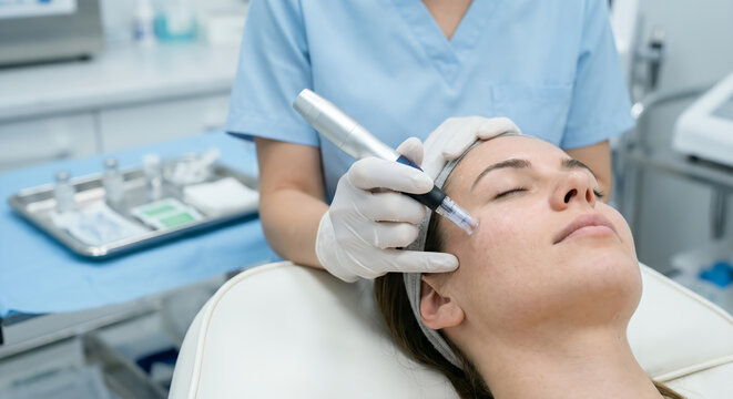 Medical Professional in Blue Scrubs Giving Mesotherapy Injection to Woman's Forehead in Clinical Setting, Aesthetic Dermatology Anti-Aging Skin Booster Treatment