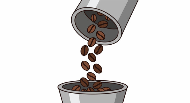 Coffee beans pour from metallic container into a silver receptacle