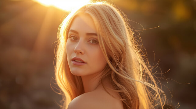 Young woman looking at the camera during golden hour, natural sun kissed skin and windblown hair in warm evening light