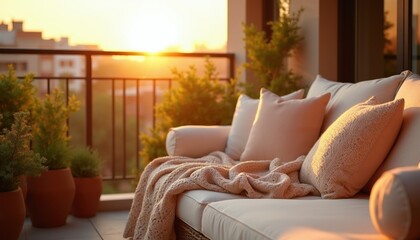 Fototapeta premium Cozy outdoor balcony furnished with soft sofa cushions and blanket. Warm sunlight illuminates plants and city buildings at sunset. Peaceful urban retreat space for relaxation.