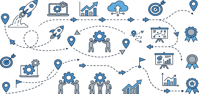 Business startup roadmap infographic vector with rocket launch strategy icons process and target milestone