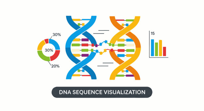 Colorful abstract DNA helix models with statistical charts and data