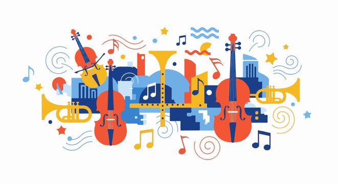 Colorful abstract orchestra with string instruments, brass, and musical notes
