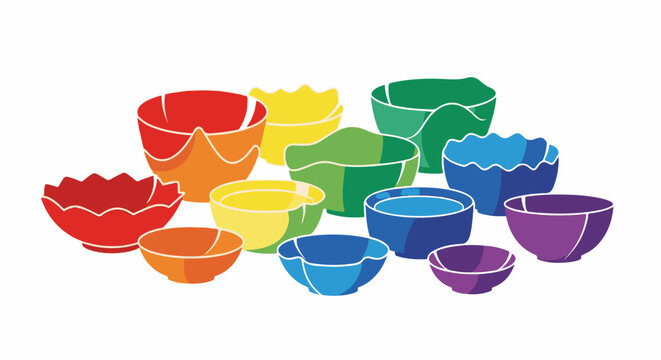 Colorful assortment of various sized bowls arranged in a playful pattern