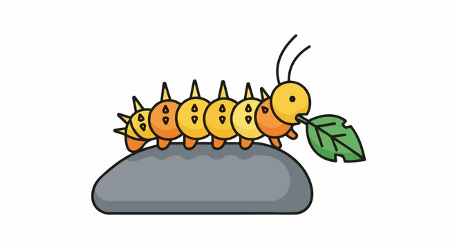 Cheerful cartoon caterpillar munching a green leaf on a grey rock