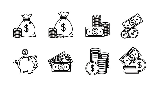 Set of vector icons showing money and financial items such as coins, cash, piggy bank, and rolled bills representing savings and economic concepts.