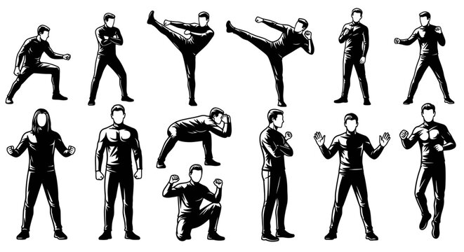 Black  White Martial Arts Poses Vector, Karate Fighting Style Illustrations