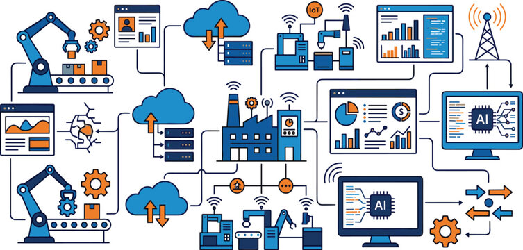 Smart industry automation infographic with artificial intelligence cloud server network data dashboard and robotic arms vector