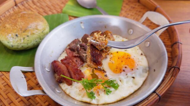 Authentic Thai Breakfast "Kai Krata" - Pan-Fried Eggs with Mixed Grilled Meats, Cinematic Food Close-up