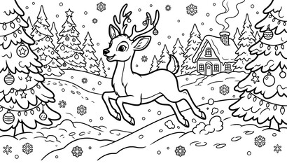 Christmas reindeer running through snowy forest with decorated trees and cozy house © aliful