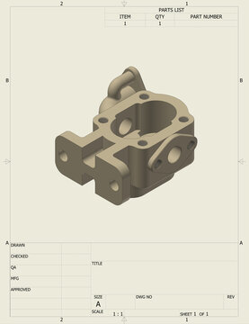 Isometric Technical Drawing Sheet with 3D CAD Render of Machined Component