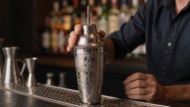 Bartender Skillfully Shakes a Cocktail with Precision
