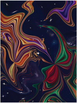 Colorful Abstract Swirls and Fluid Patterns on Starry Night Sky Background Vector Design, Perfect for Modern Creative Concepts and Dynamic Visuals