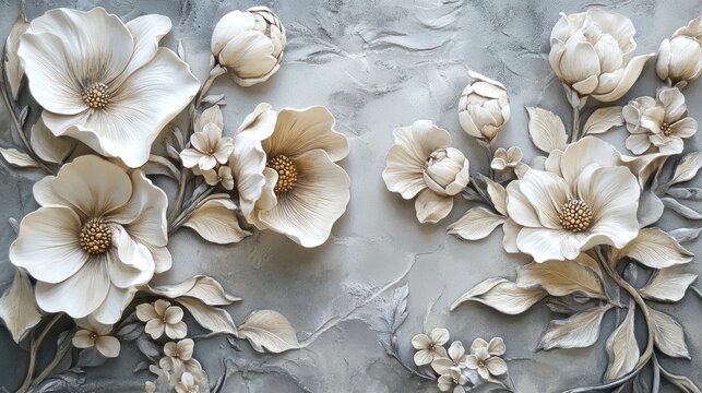 Decorative 3D flowers on textured wall,  background, home decor