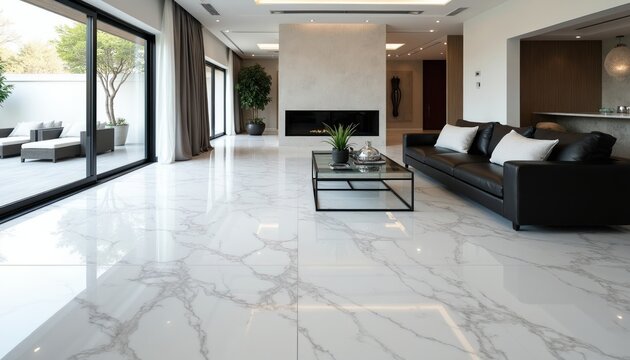 Spacious living room with polished marble effect floor, modern fireplace, black leather sofa and large glass doors leading to an outdoor patio. Elegance and comfort in a contemporary home.