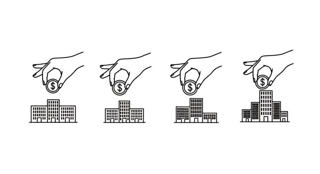 Sequential hand placement of bricks building a city skyline, an illustration of construction and urban development.