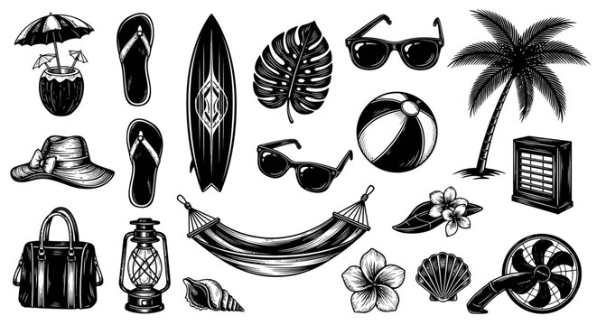 Vintage Black  White Engraving Style Summer Beach Vacation Icons and Travel Elements Set
