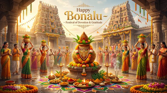 Happy Bonalu festival greeting banner with traditional women carrying bonam pots in temple courtyard