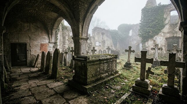 Ancient christian crypt with old tombstones and crosses in abandoned cemetery