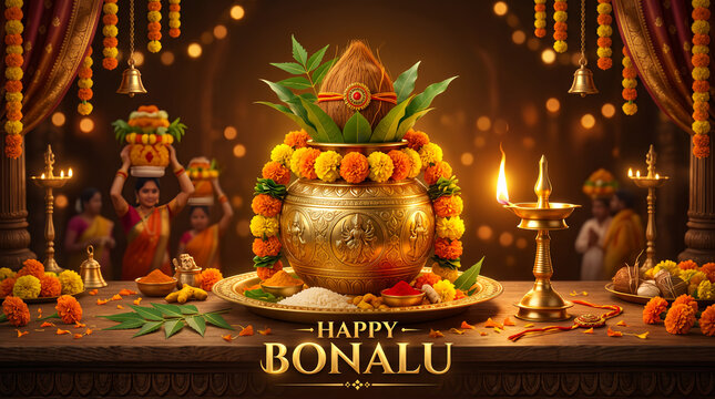 Happy Bonalu festival background with traditional decorative golden bonam pot and brass diya lamp on table