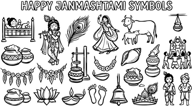 Happy Janmashtami Symbols Black and White Line Art. Hindu Festival of Lord Krishna's Birth Icons Collection in Doodle Style. Indian Religious Elements.