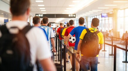 Fans in soccer jerseys queuing in an airport terminal with a soccer ball