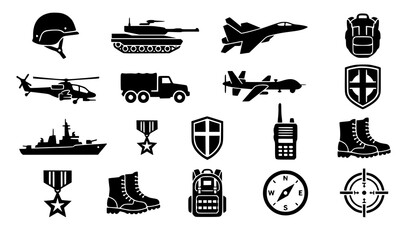 15 Military and Defense Silhouette Vector Icons in Clean Black Tactical Style © Sifat