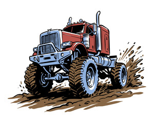 Monster truck print design for t shirt print, poster, sticker, background and other uses. Extreme racing. Off road artwork. Mud splash. Speed power. © panji