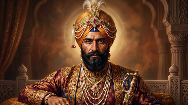 Guru Hargobind Sahib Ji portrait with traditional royal turban warrior attire and sword in palace