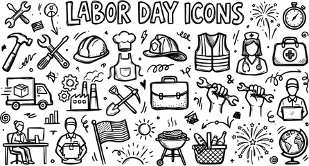 Fototapeta premium Hand-drawn Black and White Line Art Labor Day Icons Set. Doodle collection of various work professions, tools, and celebration elements.