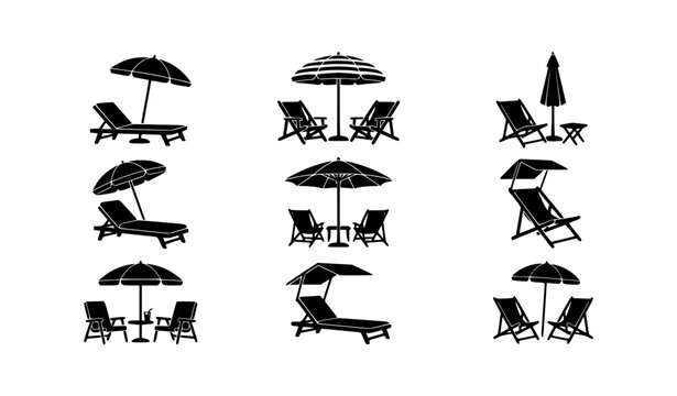 Beach chair and umbrella silhouette set vector illustration summer vacation icons