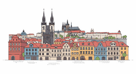 Obraz premium Colorful sketch of an old European city skyline with spires and buildings