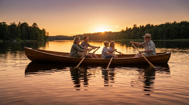 Three-generation family rows together across a glassy lake at golden hour, grandfather coaching paddle stroke from the rear seat, summer sol