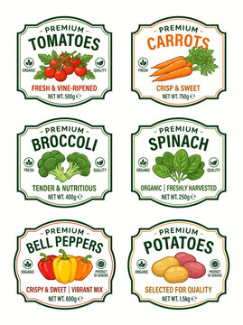 Organic vegetable labels collection featuring fresh tomatoes carrots broccoli spinach bell peppers and potatoes product branding