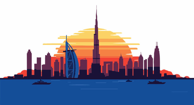 Colorful silhouette of a modern cityscape with skyscrapers, a sail-shaped building, and a sunset over water