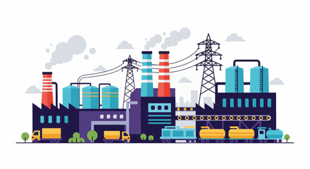 Fototapeta premium Colorful industrial factory with smoke stacks, tanks, and transport vehicles