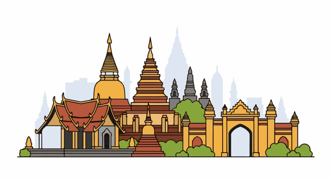 Colorful illustration of a temple complex with multiple stupas and an arched gateway