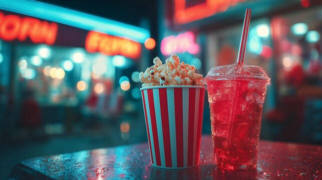 Movie theater style popcorn and soda with neon lighting and glowing reflections, vibrant cinema snack and entertainment concept